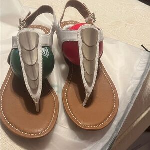 Sofft White and Tan Sandals with Red and Green Accents